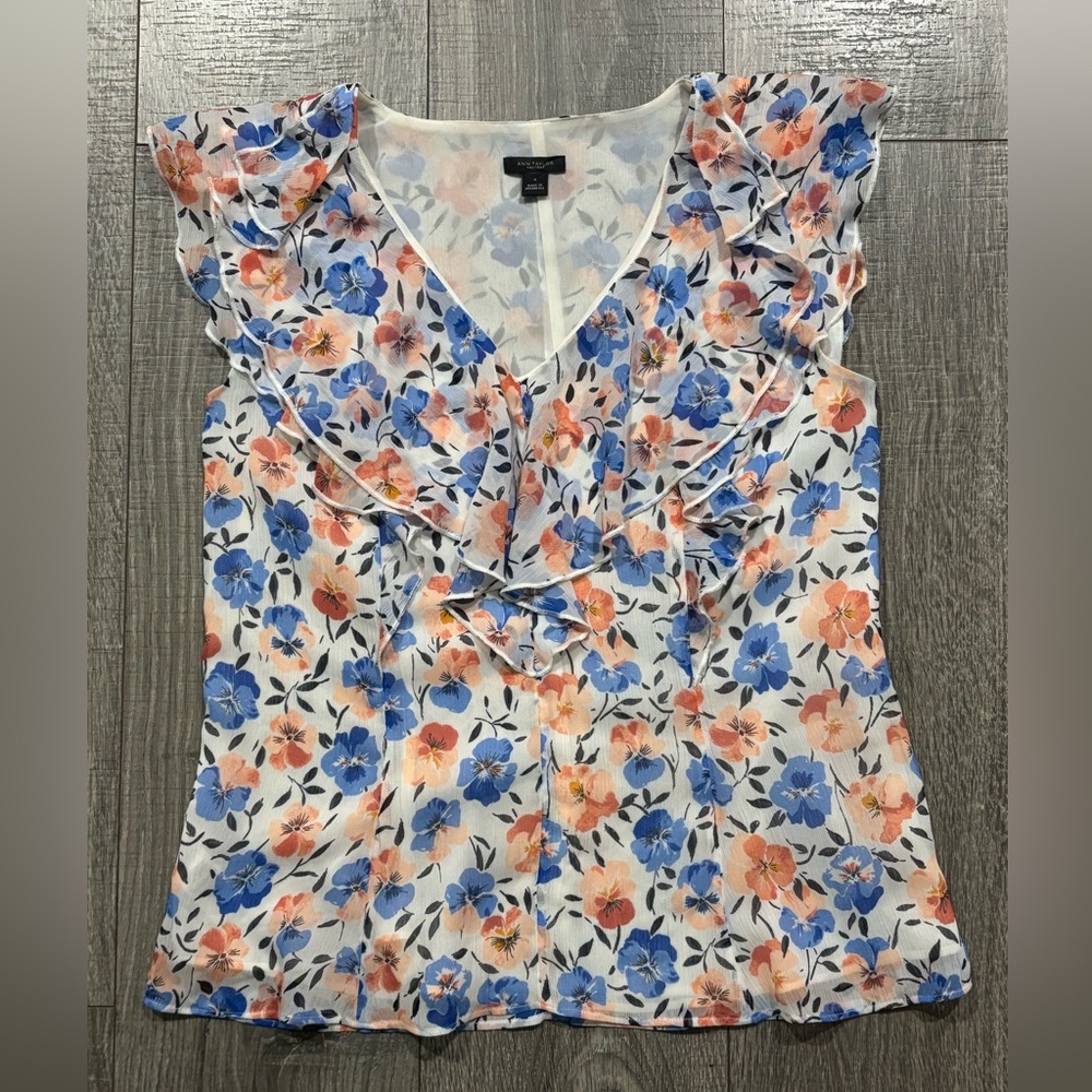 Ann Taylor Floral Ruffle Blouse - Blue and Orange
(0152)